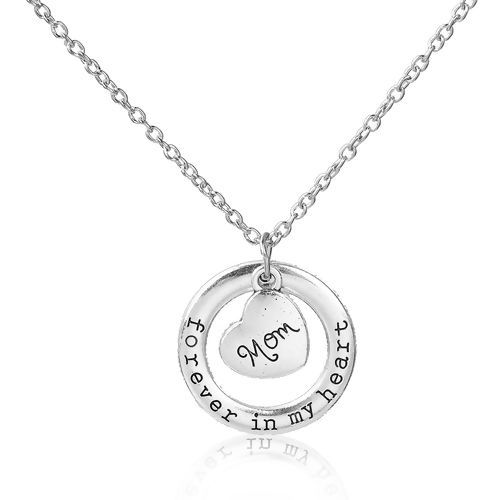 Picture of Family Jewelry Necklace Antique Silver Color Circle Ring Heart Message " Forever In My Heart & Mom " 54cm(21 2/8") long - 52cm(20 4/8") long, 1 Piece