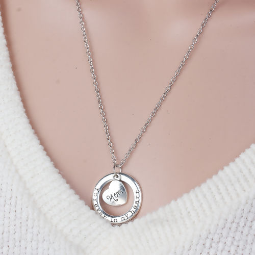 Picture of Family Jewelry Necklace Antique Silver Color Circle Ring Heart Message " Forever In My Heart & Mom " 54cm(21 2/8") long - 52cm(20 4/8") long, 1 Piece