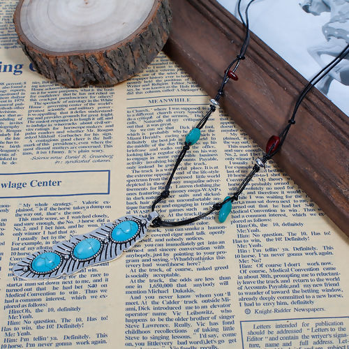 Picture of Boho Chic Long Necklace Antique Silver Color Green Blue Feather Imitation Turquoise 76.5cm(30 1/8") long, 1 Piece