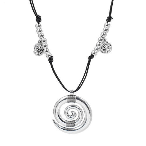 Picture of Long Necklace Antique Silver Color Black Round Spiral 82.5cm(32 4/8") long, 1 Piece
