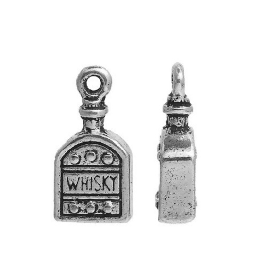 Picture of Zinc Based Alloy 3D Charms Bottle Antique Silver Color Message " Whisky " 18mm( 6/8") x 9mm( 3/8"), 10 PCs