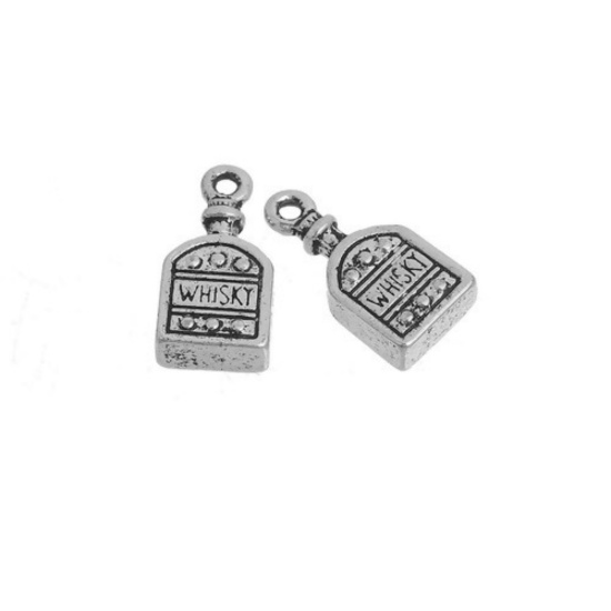 Picture of Zinc Based Alloy 3D Charms Bottle Antique Silver Color Message " Whisky " 18mm( 6/8") x 9mm( 3/8"), 10 PCs