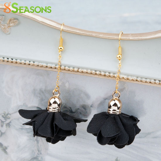 Picture of Polyester Earrings Gold Plated Black Flower Oval 6.2cm(2 4/8"), Post/ Wire Size: (22 gauge), 1 Pair
