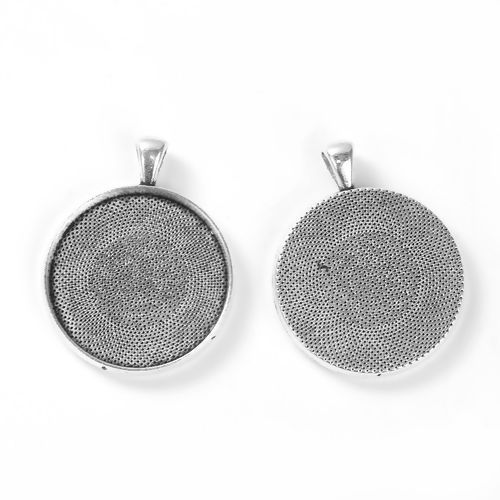 Picture of Zinc Based Alloy Pendants Round Antique Silver Color Cabochon Settings (Fits 30mm Dia.) 42mm x 33mm, 5 PCs