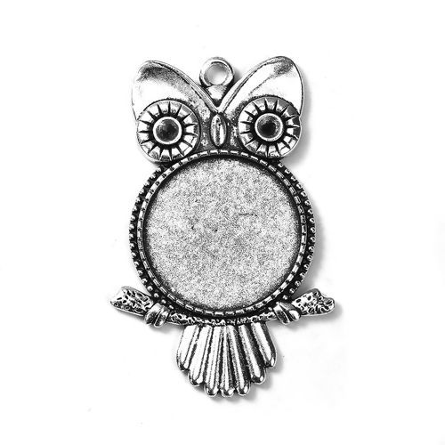 Picture of Zinc Based Alloy Halloween Pendants Owl Animal Antique Silver Color Cabochon Settings (Fits 25mm Dia.) (Can Hold ss12 Pointed Back Rhinestone) 55mm x 36mm, 5 PCs