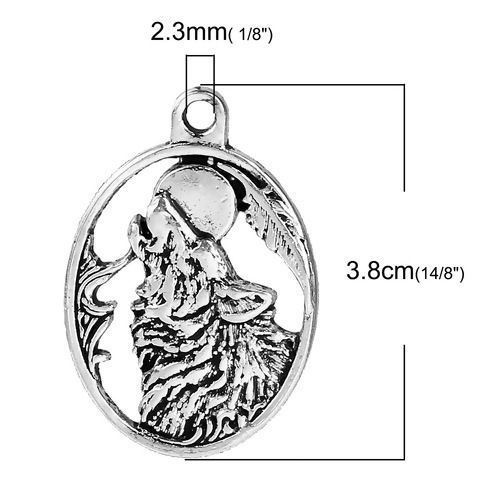 Picture of Zinc Based Alloy Wolf Pendants Antique Silver Color Oval 28mm x19mm(1 1/8" x 6/8"), 10 PCs