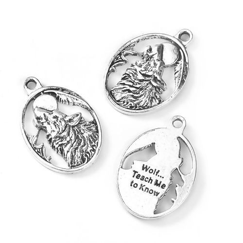 Picture of Zinc Based Alloy Wolf Pendants Antique Silver Color Oval 28mm x19mm(1 1/8" x 6/8"), 10 PCs