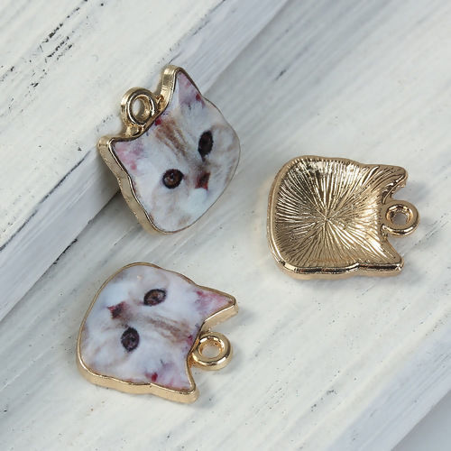 Picture of Zinc Based Alloy Charms Cat Animal Gold Plated White 13mm( 4/8") x 13mm( 4/8"), 10 PCs