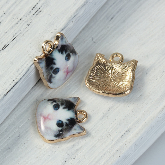 Picture of Zinc Based Alloy Charms Cat Animal Gold Plated Black & White 13mm( 4/8") x 13mm( 4/8"), 10 PCs