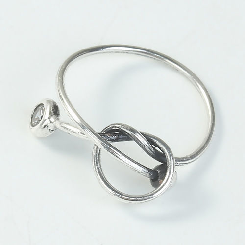 Picture of Brass Unadjustable Rings Silver Tone Clear Rhinestone Love Knot 16.1mm( 5/8")(US Size 5.5), 1 Piece                                                                                                                                                           