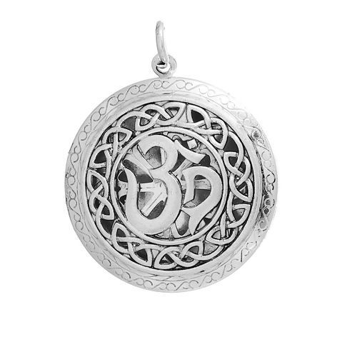 Picture of Copper Aromatherapy Essential Oil Diffuser Locket Pendants Round Silver Tone Yoga Healing OM/ Aum Symbol Cabochon Settings (Fits 24mm Dia.) Can Open 41mm(1 5/8") x 32mm(1 2/8"), 1 Piece