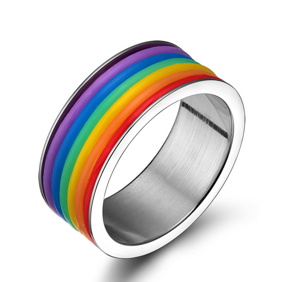 Bild von Titan Edelstahl Uneinstellbar Ring Silberfarbe Bunt Rund Streifen 18.3mm（US Größe:8.25), 1 Stück