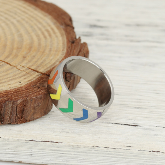 Picture of Titanium Steel Unadjustable Rings Silver Tone Multicolor Round Arrowhead 18.3mm(US Size 8.25), 1 Piece