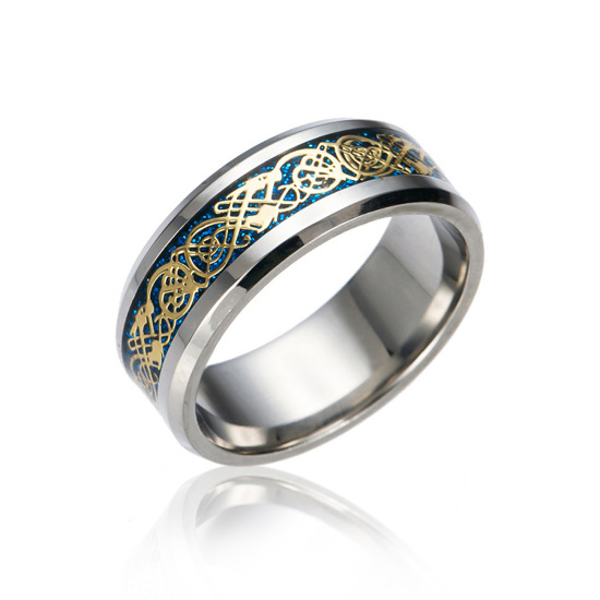 Bild von Titan Edelstahl Uneinstellbar Ring Vergoldet & Silberfarbe Rund Drache 21.4mm（US Größe:12), 1 Stück