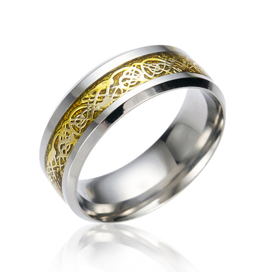 Bild von Titan Edelstahl Uneinstellbar Ring Vergoldet & Silberfarbe Rund Drache 21.4mm（US Größe:12), 1 Stück