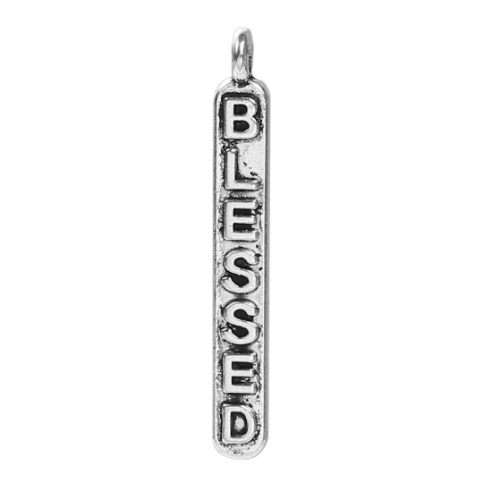 Picture of Zinc Based Alloy Charms Rectangle Antique Silver Color Message " Blessed " 28mm(1 1/8") x 4mm( 1/8"), 50 PCs