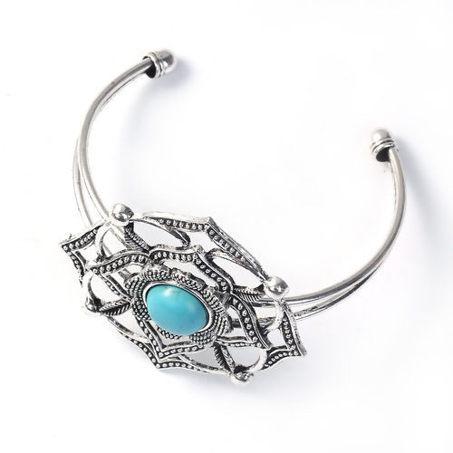 Picture of Yoga Healing Open Cuff Bangles Bracelets Antique Silver Color Muladhara/ Mooladhara Blue Imitation Turquoise 17cm(6 6/8") long, 1 Piece