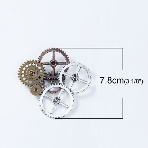 Picture of Zinc Based Alloy Steampunk Pin Brooches Gears Antique Silver Color & Antique Copper Hollow 78mm(3 1/8") x 78mm(3 1/8"), 1 Piece