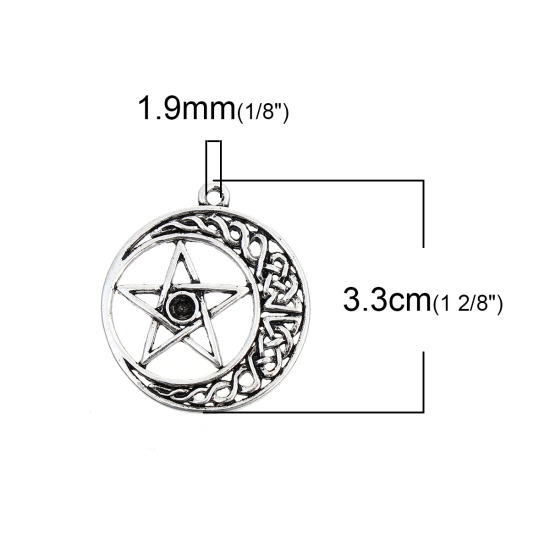 Picture of Zinc Based Alloy Pendants Round Antique Silver Color (Can Hold ss16 Pointed Back Rhinestone) Celtic Knot Pentagram Star 33mm(1 2/8") x 30mm(1 1/8"), 5 PCs