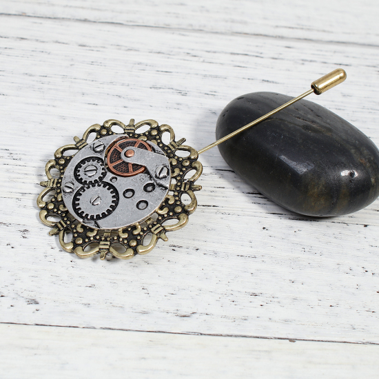 Picture of Steampunk Stick Pin Brooches Round Gear Antique Bronze Antique Silver Color 9.1cm(3 5/8") x 4.3cm(1 6/8"), 1 Piece