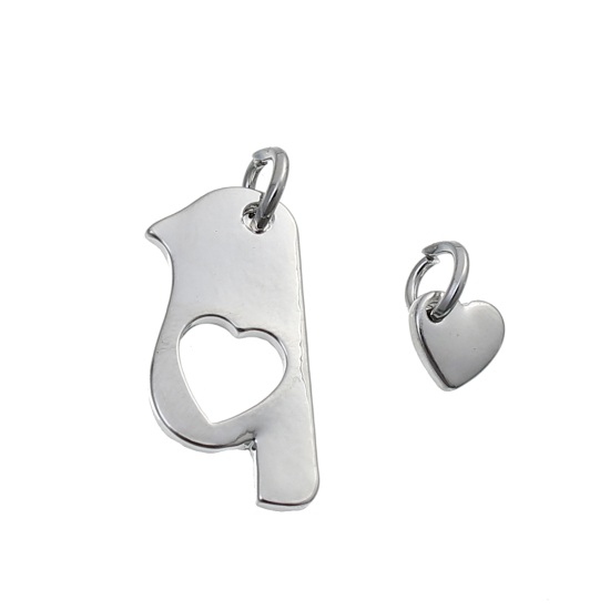 Picture of Zinc Based Alloy Mother Daughter Pendants Bird Animal Silver Tone Heart 27mm x11mm(1 1/8" x 3/8") 11mm x7mm( 3/8" x 2/8"), 5 Sets（2PCs/Set)
