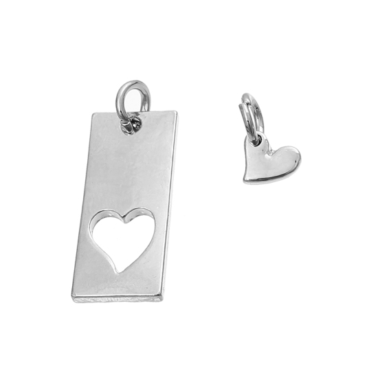 Picture of Zinc Based Alloy Mother Daughter Charms Rectangle Silver Tone Heart 27mm x10mm(1 1/8" x 3/8") 11mm x6mm( 3/8" x 2/8"), 5 Sets（2PCs/Set)