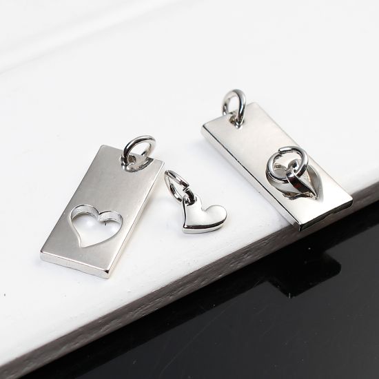 Picture of Zinc Based Alloy Mother Daughter Charms Rectangle Silver Tone Heart 27mm x10mm(1 1/8" x 3/8") 11mm x6mm( 3/8" x 2/8"), 5 Sets（2PCs/Set)