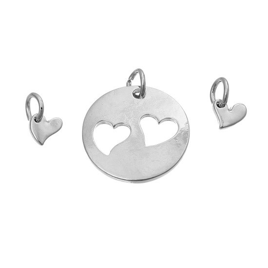 Immagine di Lega di Zinco Madre Figlia Charms Tondo Tono Argento Cuore 25mm x 21mm 11mm x7mm, 3 seri (3pz/serie) 