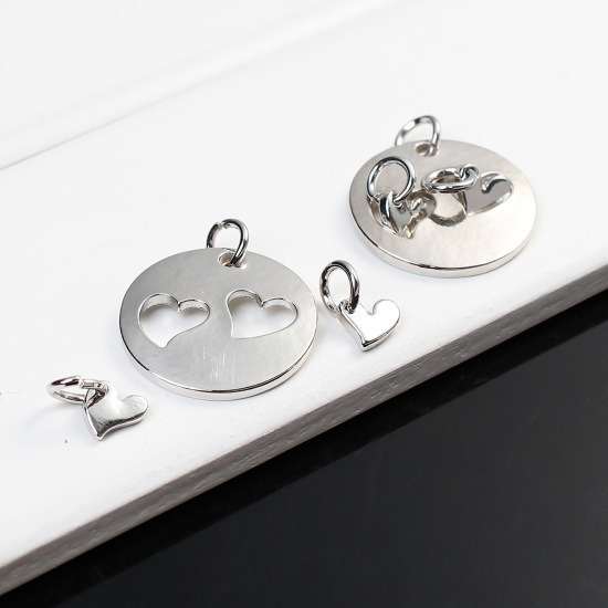 Immagine di Lega di Zinco Madre Figlia Charms Tondo Tono Argento Cuore 25mm x 21mm 11mm x7mm, 3 seri (3pz/serie) 