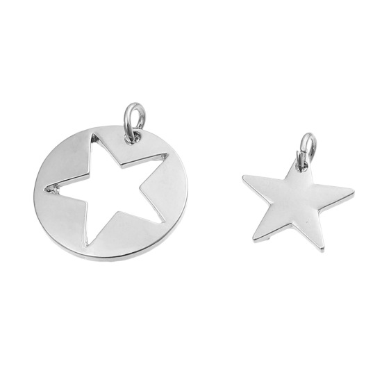 Immagine di Lega di Zinco Madre Figlia Charms Tondo Tono Argento Stella 26mm x 22mm 20mm x16mm, 3 seri (2pz/serie) 
