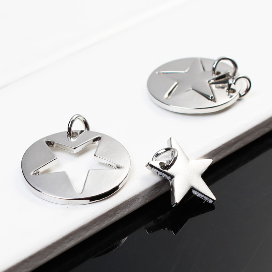 Immagine di Lega di Zinco Madre Figlia Charms Tondo Tono Argento Stella 26mm x 22mm 20mm x16mm, 3 seri (2pz/serie) 