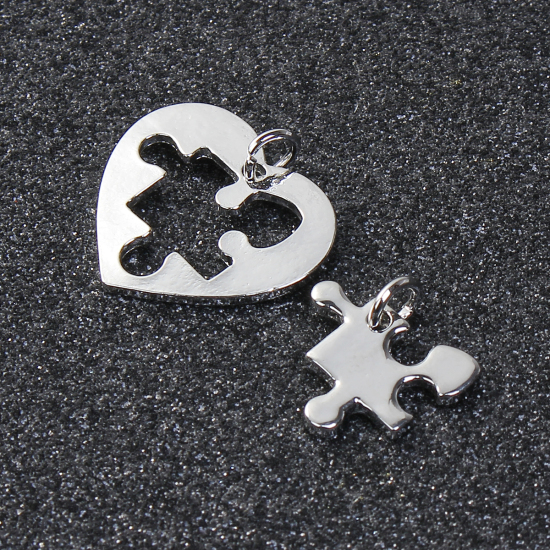 Picture of Zinc Based Alloy Puzzle Charms Heart Silver Tone 24mm x24mm(1" x1") 18mm x17mm( 6/8" x 5/8"), 5 Sets