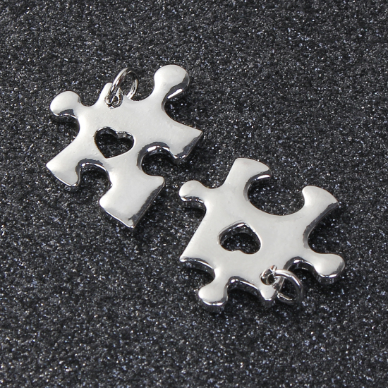 Imagen de Zamak Puzzle Colgantes Charms Corazón Tono de Plata 25x24mm 24x20mm, 5 Juegos