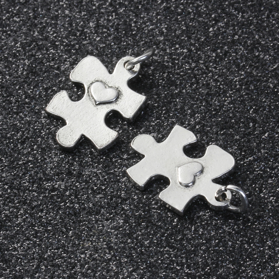 Picture of Zinc Based Alloy Puzzle Charms Heart Antique Silver Color 27mm(1 1/8") x 15mm( 5/8"), 10 PCs