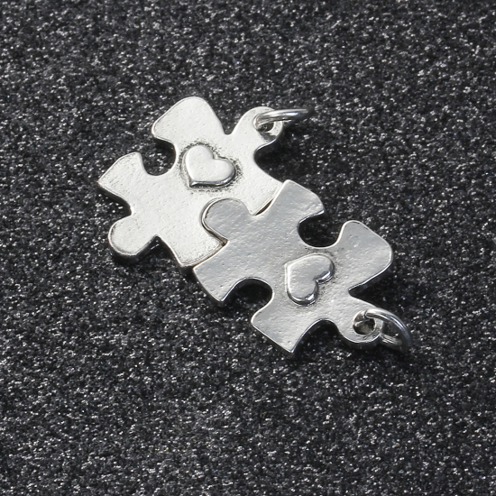 Picture of Zinc Based Alloy Puzzle Charms Heart Antique Silver Color 27mm(1 1/8") x 15mm( 5/8"), 10 PCs