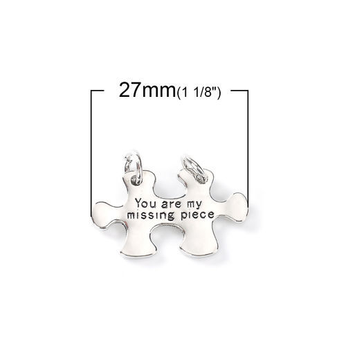 Bild von Zinklegierung Puzzle Verbinder Silberfarbe mit Message Muster " You are my missing piece " 27mm x 20mm, 5 Stück