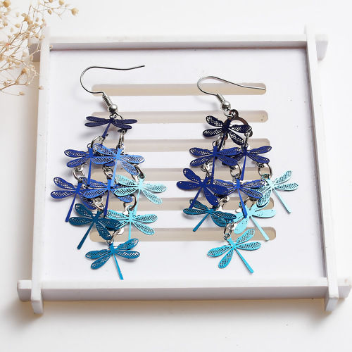 Picture of Brass Earrings Blue Dragonfly Animal 74mm(2 7/8") x 32mm(1 2/8"), Post/ Wire Size: (21 gauge), 1 Pair                                                                                                                                                         