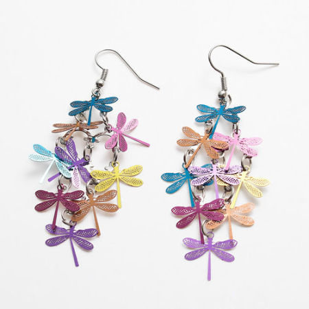 Picture of Brass Earrings Multicolor Dragonfly Animal 74mm(2 7/8") x 32mm(1 2/8"), Post/ Wire Size: (21 gauge), 1 Pair