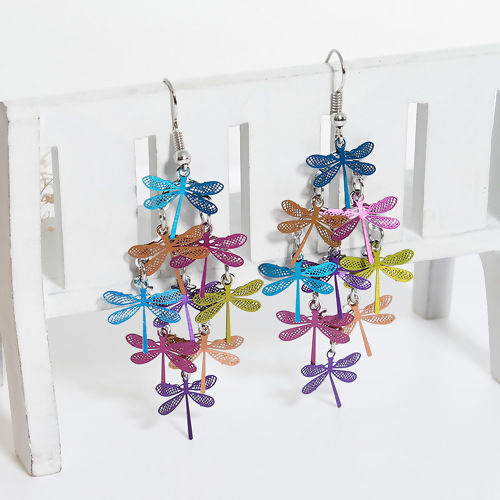 Picture of Brass Earrings Multicolor Dragonfly Animal 74mm(2 7/8") x 32mm(1 2/8"), Post/ Wire Size: (21 gauge), 1 Pair                                                                                                                                                   