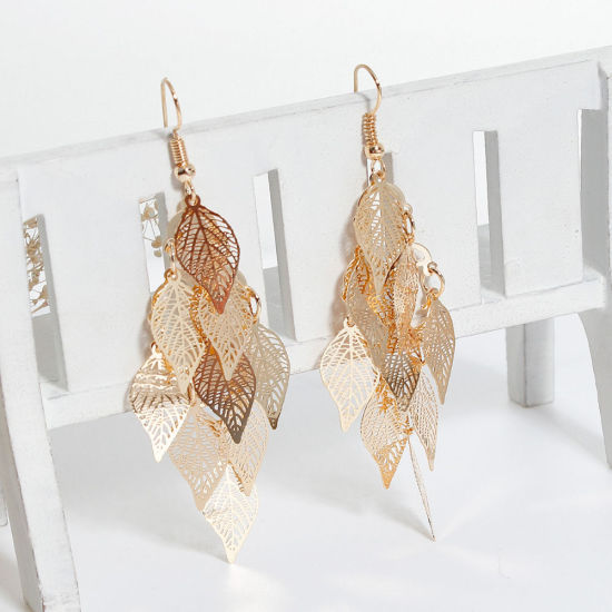 Picture of Brass Earrings Gold Plated Leaf Hollow 79mm x 26mm, Post/ Wire Size: (21 gauge), 1 Pair                                                                                                                                                                       