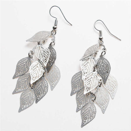 Picture of Brass Earrings Silver Tone Leaf Hollow 79mm x 26mm, Post/ Wire Size: (21 gauge), 1 Pair