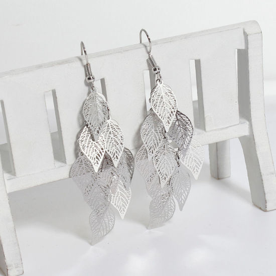 Picture of Brass Earrings Silver Tone Leaf Hollow 79mm x 26mm, Post/ Wire Size: (21 gauge), 1 Pair                                                                                                                                                                       