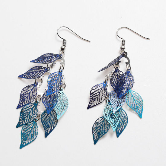 Picture of Brass Earrings Silver Tone Leaf Hollow 79mm x 26mm, Post/ Wire Size: (21 gauge), 1 Pair                                                                                                                                                                       