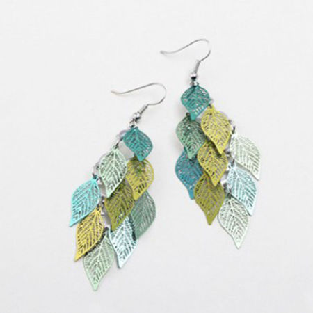 Picture of Brass Earrings Green Leaf Hollow 79mm x 26mm, Post/ Wire Size: (21 gauge), 1 Pair