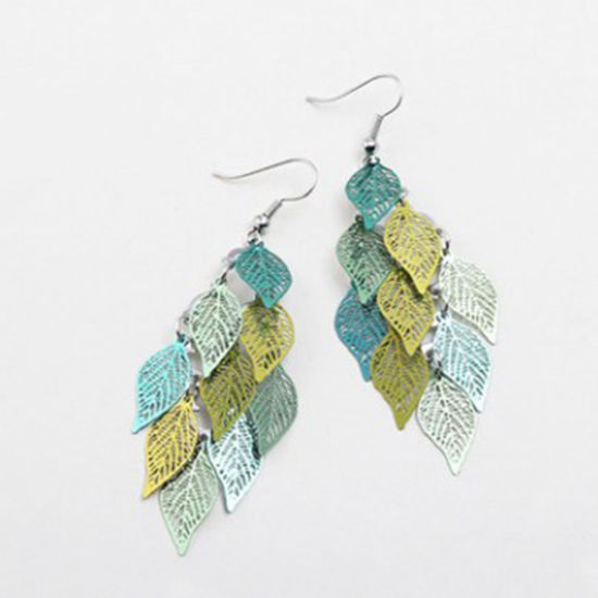 Picture of Brass Earrings Green Leaf Hollow 79mm x 26mm, Post/ Wire Size: (21 gauge), 1 Pair                                                                                                                                                                             