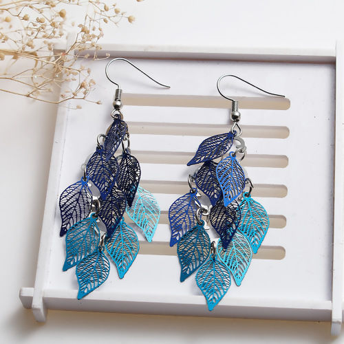 Picture of Brass Earrings Blue Leaf Hollow 79mm(3 1/8") x 26mm(1"), Post/ Wire Size: (21 gauge), 1 Pair                                                                                                                                                                  