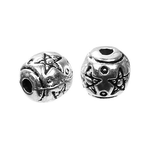 Bild von Zinklegierung Zwischenperlen Spacer Perlen Rund Antiksilber Stern ca. 6mm D., Loch:ca. 1.1mm, 100 Stück
