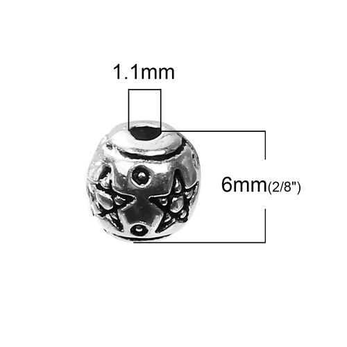 Bild von Zinklegierung Zwischenperlen Spacer Perlen Rund Antiksilber Stern ca. 6mm D., Loch:ca. 1.1mm, 100 Stück