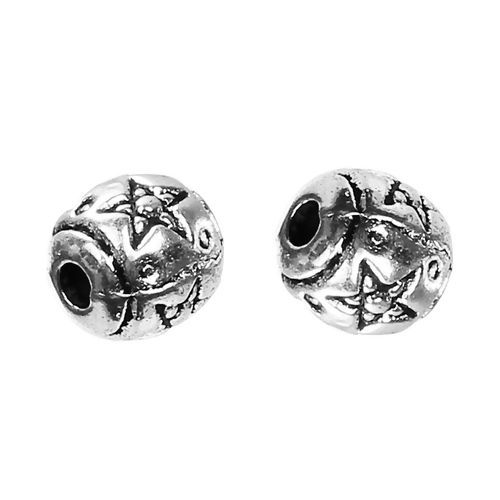 Bild von Zinklegierung Zwischenperlen Spacer Perlen Rund Antiksilber Stern ca. 6mm D., Loch:ca. 1.1mm, 100 Stück