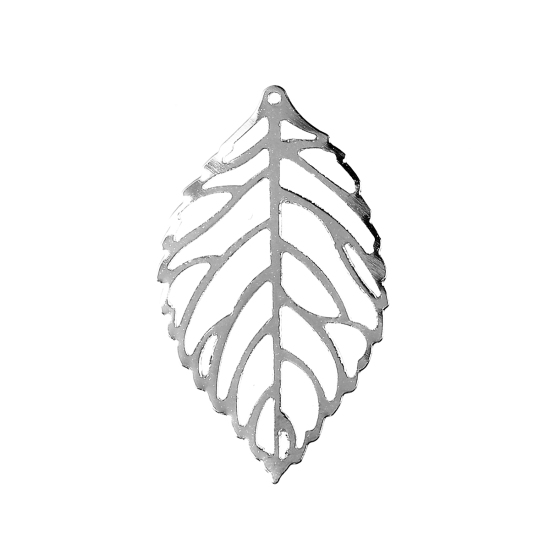 Picture of Iron Based Alloy Pendants Leaf Silver Tone Filigree 44mm(1 6/8") x 26mm(1"), 50 PCs